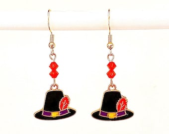 Thanksgiving Pilgrim Hat Earrings, Thanksgiving Jewelry, Thanksgiving Autumn Fall Earrings, Dangle Earrings, Crystals, Gold Plate Wire, 896