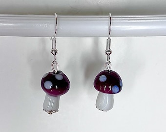 Mushroom Earrings, Dark Brown Mushroom Earrings, Polka Dot Dangling Mushroom Earrings, Lampwork Glass, Silver Plated Wires #455