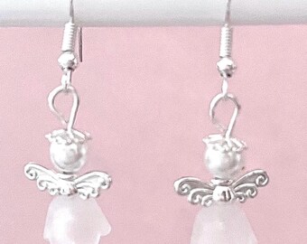 Angel Earrings, Christmas Angel Earrings, Guardian Angel Jewelry, Angel Jewelry, Gifts for Women, Girl, Dangle, Handmade, Silver, White #656