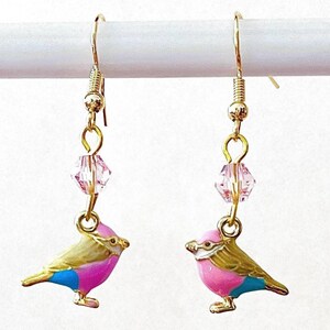 Bird Earrings, Bird Jewelry, Pink Bird Earrings, Crystal, Gift for Women, Gift for Bird Lover, Pink and Blue Enamel, Gold Plated Wires #418
