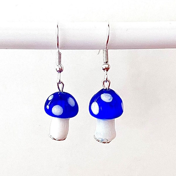Mushroom Earrings, Dark Blue Mushroom Earrings, Polka Dot Dangling Mushroom Earrings, Lampwork Glass, Silver Plated Wires #454
