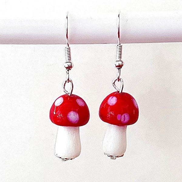 Mushroom Earrings, Red Mushroom Earrings, Polka Dot Dangling Mushroom Earrings, Lampwork Glass, Silver Plated Wires #450