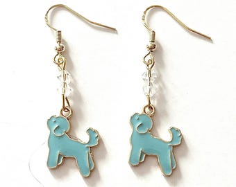 Dog Earrings, Dog Dangle Jewelry, Gift for Women, Gift for Girls, Blue,  Crystals Gold Plated Wires #416