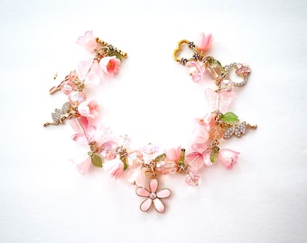 Fairy Flower Lily of the Valley Charm Bracelet, Fairy Flower Jewelry, Spring, Bird, Cottagecore, Fairycore, Crystal, Pink, Gold Plated #562