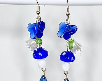 Mushroom Butterfly Lily Wing Earrings, Blue Mushroom Earrings,  Dangling Mushroom Wing Earrings, Fairy, Glass, Gold Plated Wires #460