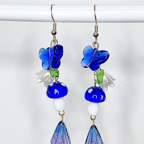 Mushroom Butterfly Lily Wing Earrings, Blue Mushroom Earrings,  Dangling Mushroom Wing Earrings, Fairy, Glass, Gold Plated Wires #460