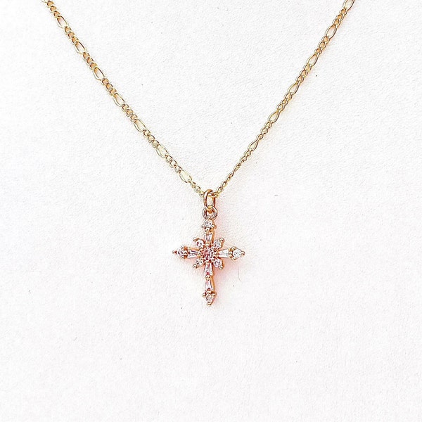 Cubic Zirconia Cross Necklace, Cross Pendant, Cubic Zirconia Cross Jewelry, Cross Necklace, Religious,  Gold Plated,  20" #715