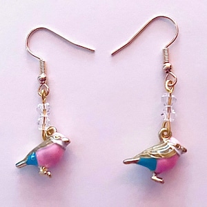 Bird Earrings, Bird Jewelry, Pink Bird Earrings, Crystal, Gift for Women, Gift for Bird Lover, Pink and Blue Enamel, Gold Plated Wires #410