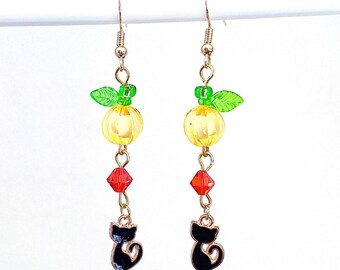 Pumpkin Black Cat Earrings, Autumn, Fall, Halloween Pumpkin Cat Jewelry, Fall Pumpkin, Cat Dangle Earrings,  Crystal, Gold Plated Wire, 818