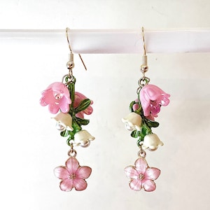 Lily of the Valley Flower Dangle Earrings, Lily of the Valley Fairy Cottagecore Dangle Jewelry, Pink, Acrylic, Gold Plated Wires #481