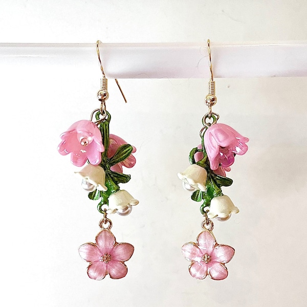 Lily of the Valley Flower Dangle Earrings, Lily of the Valley Fairy Cottagecore Dangle Jewelry, Pink, Acrylic, Gold Plated Wires #481