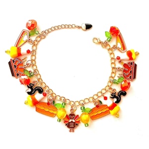 Thanksgiving Charm Bracelet, Turkey, Pumpkin Pies, Candy Corn, Pumpkins, Squirrels, Thanksgiving Charm Jewelry,  Crystals, Gold Plated #908