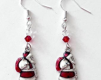 Santa Earrings, Christmas Holiday Santa Claus Jewelry, Old Fashioned Santa Earrings, Crystal Beads, Handmade, Red Enamel, Silver Plated #658