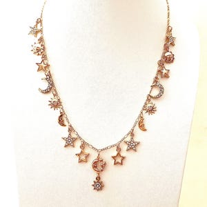 Moon and Star Multi Charm Necklace, Star and Moon Multi Charm Jewelry, Moon and Star Jewelry, Celestial Necklace, Gold Plated, 20&quot; #751