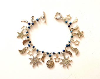 Moon and Star Traditional Charm Bracelet, Celestial Charm Jewelry, Astrological, Moon and Star Jewelry,  Silver Plated # 581