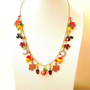 Fall, Autumn Multi Charm Necklace, Autumn Fall Jewelry, Pumpkins, Fall Leaves, Squirrels, Acorns, Moons, Crystal, Gold Plated #894
