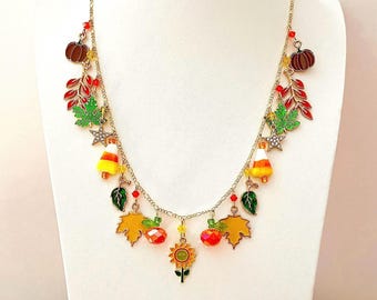 Fall, Autumn Multi Charm Necklace, Autumn Fall Jewelry, Pumpkins, Fall Leaves, Sunflowers, Candy Corn, Stars, Crystal, Gold Plated #914