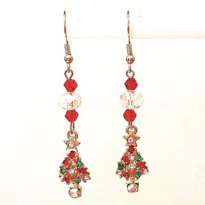Christmas Tree Earrings, Christmas Tree Holiday Jewelry, Gifts for Women, Crystal Beads,  Rhinestone Ornaments , Gold Plated #669