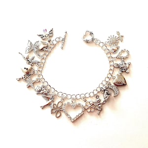 Traditional Charm Bracelet, Classic Charm Jewelry, Cross, Angel, Hearts, Flowers, Fairy, Dog, Cat, Star, Silver Plated, Antique Silver #577