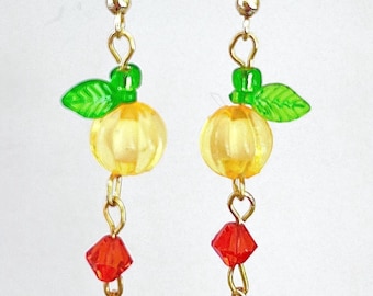 Pumpkin Black Cat Earrings, Autumn, Fall, Halloween Pumpkin Cat Jewelry, Fall Pumpkin, Cat Dangle Earrings,  Crystal, Gold Plated Wire, 819