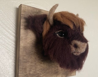 Highland Cow Needle Felted Handmade Trophy Head Wall Mount Easter Valentine's Day Nursury Room Wall Art Unique One-of-a-Kind Made in USA