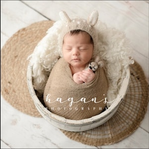 May include: A newborn baby wrapped in a tan blanket, wearing a beige knit hat with deer ears, and holding a small stuffed animal. The baby is in a white wooden bowl with a distressed finish, set on a woven mat. The text "hagan's PHOTOGRAPHY" is visible.