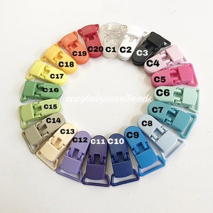 May include: Twenty plastic clips in various colors, including clear, black, white, pink, red, orange, yellow, green, blue, and purple. The clips are labeled C1 through C20.