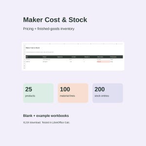 May include: A digital spreadsheet template titled Maker Cost & Stock for pricing and inventory management. It displays a table with SKU, product, price, and stock status columns, alongside summary boxes for 25 products, 100 material lines, and 200 stock entries.