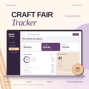 May include: A digital craft fair tracker application interface displayed on a screen. The dashboard shows event results, net sales of $534.00, event contribution of $315.80, and a sales breakdown chart. A circular badge states NO MONTHLY FEES.