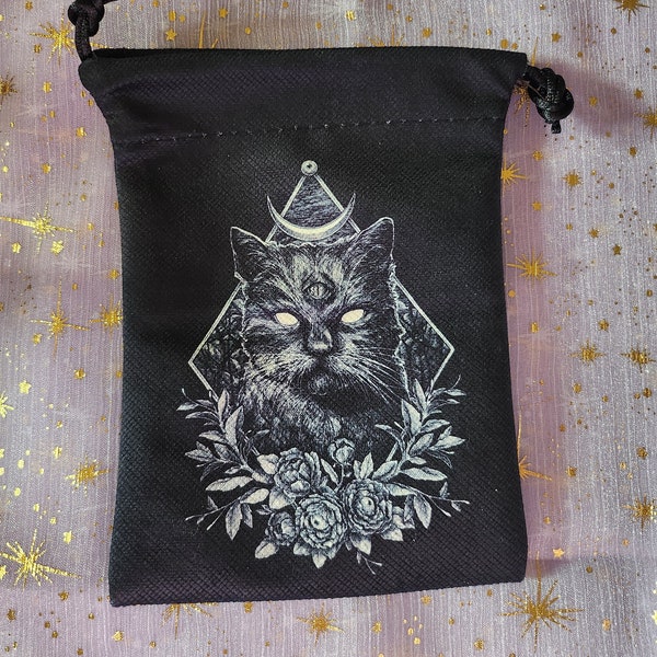 Sac de tarot chat noir, sac Oracle Deck, sac en cristal, sac à fleurs, pochette à breloques, sac rune, sac à cordon, sac de dés, sorcière, divination, vintage