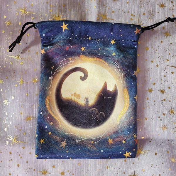 Sleeping Cat Tarot Bag, Oracle Deck Bag, Crystal Bag, Moon and Stars Bag, Charm Pouch, Rune Bag, Drawstring Bag, Dice Bag, Starry Night