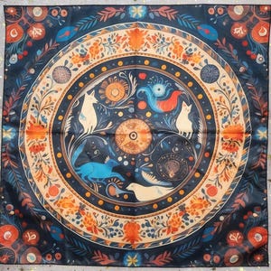 Può includere: Foulard quadrato blu scuro con un design circolare di arte popolare. Il design presenta gatti bianchi, uccelli blu e fiori arancioni. Il bordo ha un motivo floreale nei colori arancione e crema.