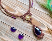 Amethyst Necklace, Moonstone Pendant, Statement Necklace, Bohemian Jewelry, Micro Macrame, Boho Necklace