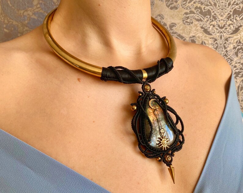 Labradorite Necklace Sun Moon Necklace Statement Necklace Choker Necklace Witch Necklace Crystal Pendant