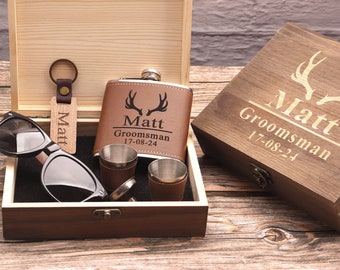 Personalized Groomsmen Gifts, Groomsman Proposal Gift Set, Best Man Gift, Leather Flask, Groomsman Flask & Sunglasses, Flask Set, Flask Gift