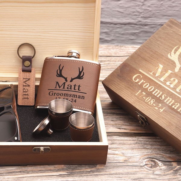 Groomsmen Gifts, Groomsmen Gift Set, Personalized Wooden Sunglasses/Leather Flask Gift Set, Best Man Gifts, Personalized Groomsman Gift