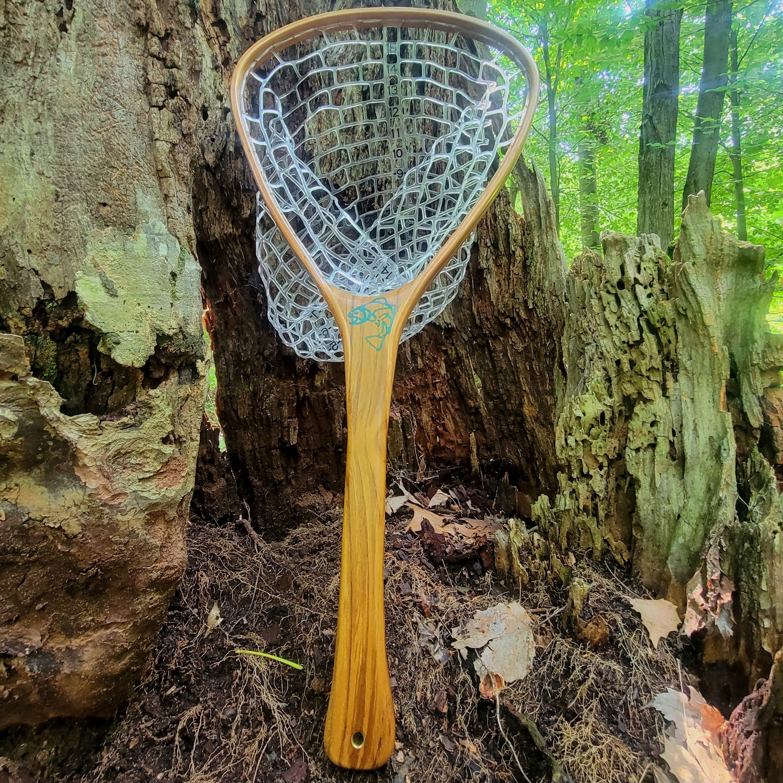 large fly fishing net with object inlayed into handle. These are  handcrafted wood landing nets. Wood Fly Fishing net - Handcrafted Custom  Fly Fishing net made in the USA