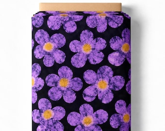 Floral Cotton Fabric, Purple Flowers on Dark Background, Adire Fabric Textile for Sewing and Dressmaking