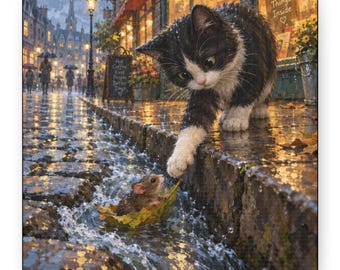 Tuxedo-Katze und -Maus, regnerische Straßenkunst, skurrile Märchenszene, gemütliche Landhausdekoration