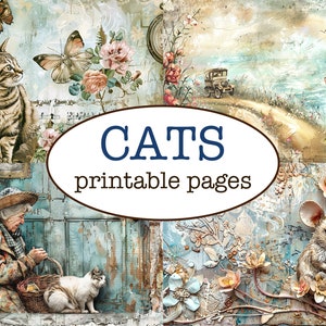 25 afdrukbare KATTENPAGINA'S / Ongewenst dagboek / Dieren scrapbookingpapier / Gecollagede lay-outs / Grillig papier