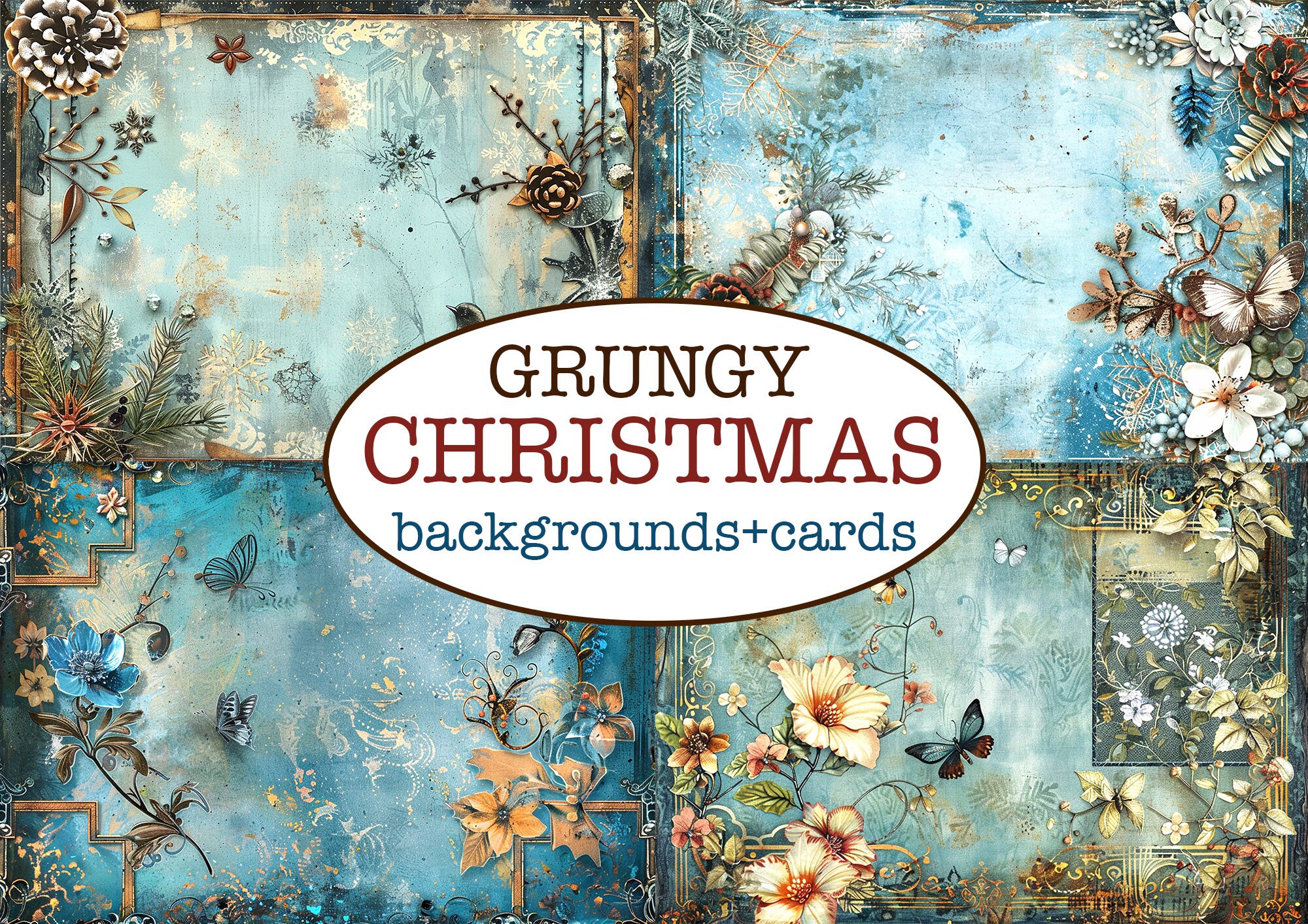 70 Printable GRUNGY CHRISTMAS PAGES 48 Backgrounds + 88 Cards