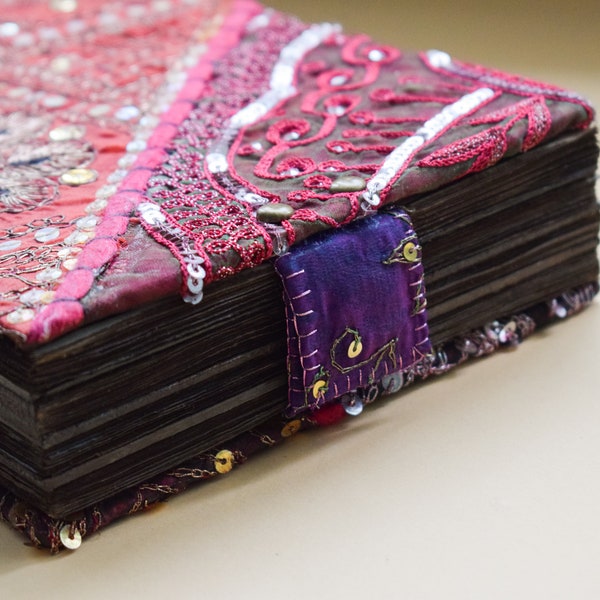 Unique 6-fold notebook /Gypsy magic notebook / Spell book / Unusual handmade gift / Vintage sari trim collaged cover / Medieval red notebook