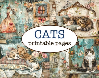 25 printable CAT PAGES / Junk journal / Animals scrapbooking paper / Collaged layouts / Whimsical paper