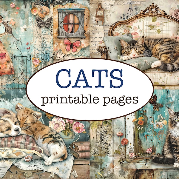 25 printable CAT PAGES / Junk journal / Animals scrapbooking paper / Collaged layouts / Whimsical paper