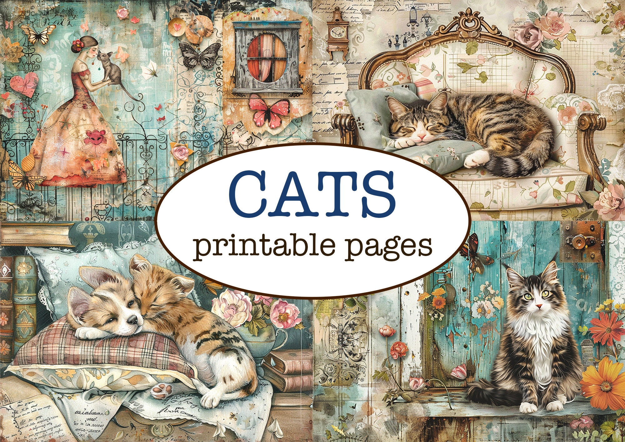 25 Printable CAT PAGES / Junk Journal / Animals Scrapbooking Paper ...