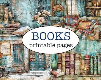 May include: A collage of four images featuring books, a cozy armchair, a bookshelf, and a vintage storefront. The images are in a blue and brown color scheme with a distressed, vintage aesthetic. The text "BOOKS printable pages" is superimposed on the images.