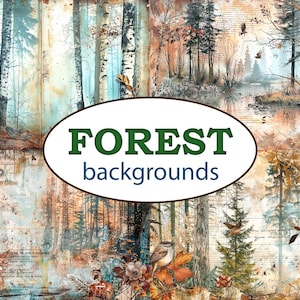 25 afdrukbare achtergronden met BOS-thema / Afdrukbare natuur, bospapier / Vintage scrapbookingpapier / Boskaarten met collages / Wild leven