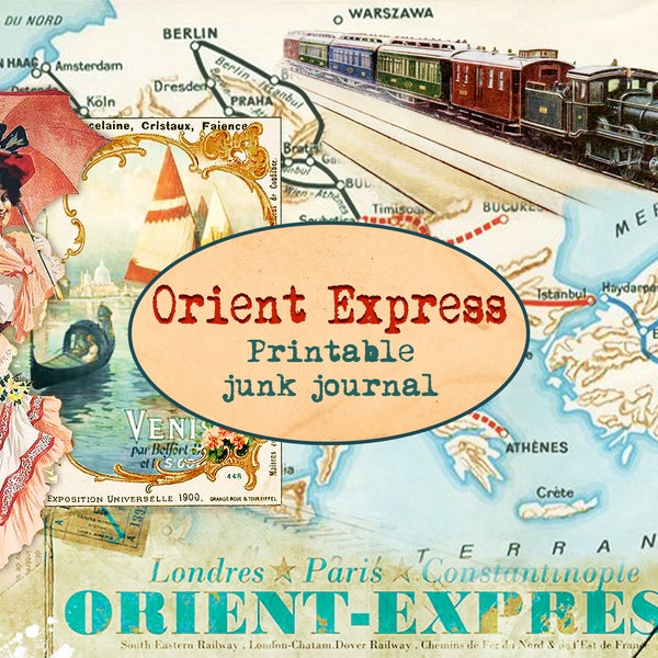 Carnet de bordel imprimable ORIENT EXPRESS (15 pages) / Papier de scrapbooking collé / Kit numérique / Ephemera / Carnet de voyage vintage fait main