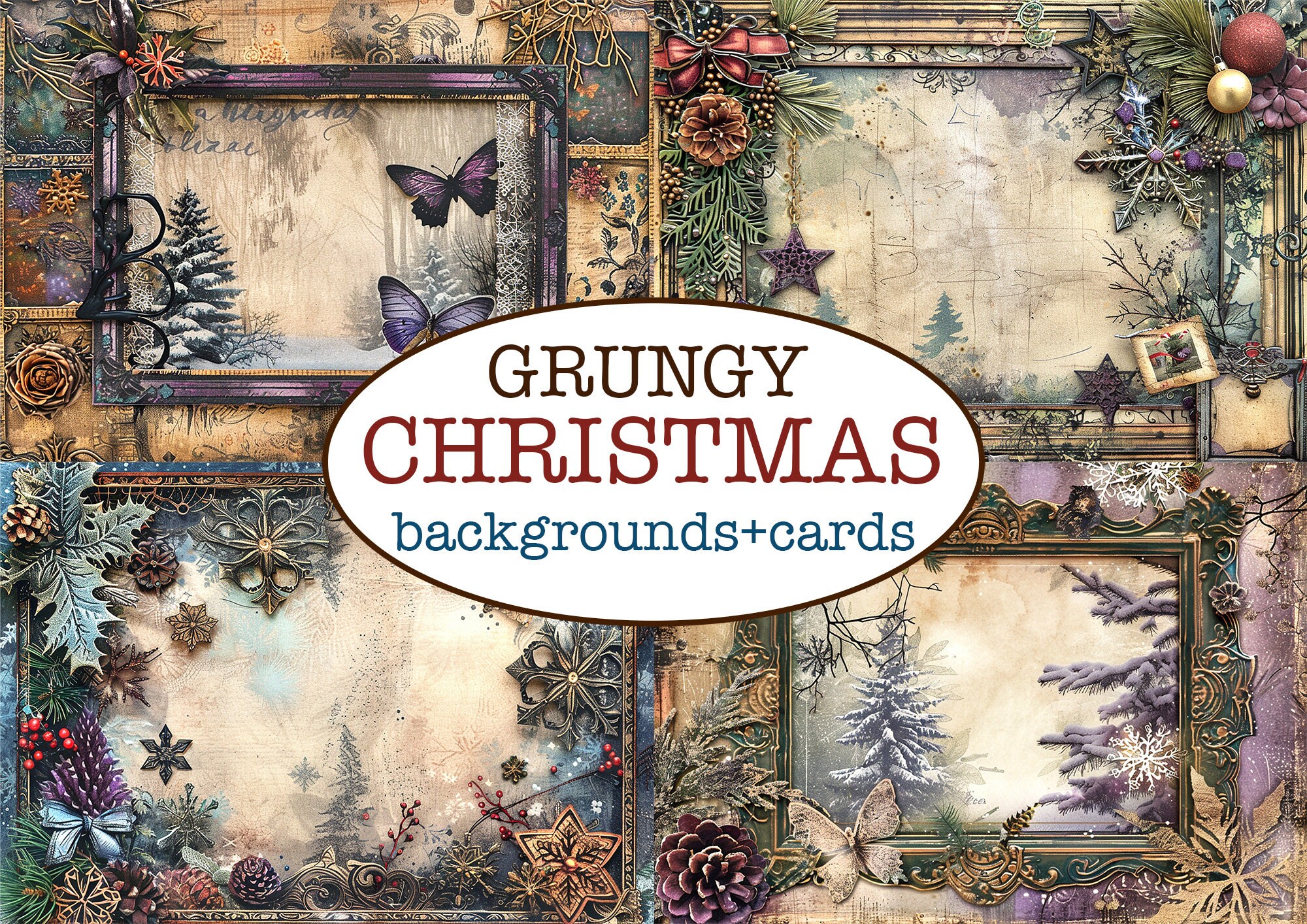 70 Printable GRUNGY CHRISTMAS PAGES 48 Backgrounds + 88 Cards