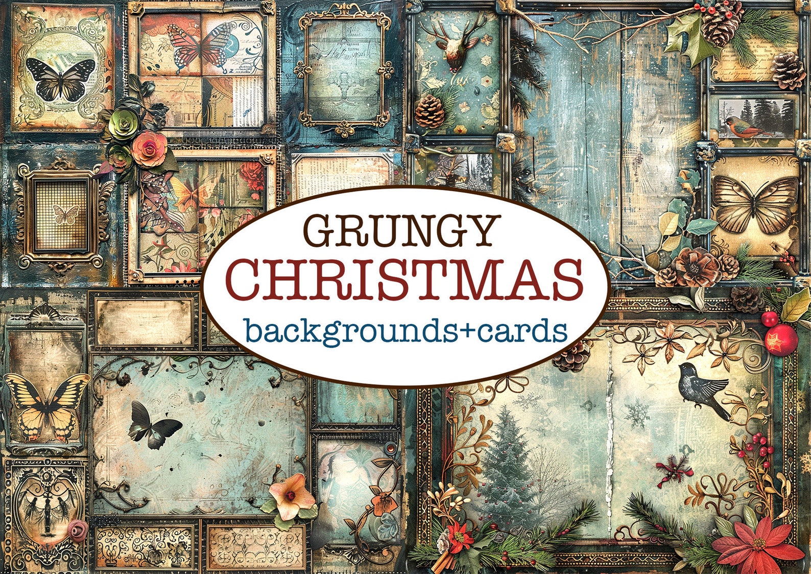 70 Printable GRUNGY CHRISTMAS PAGES 48 Backgrounds + 88 Cards